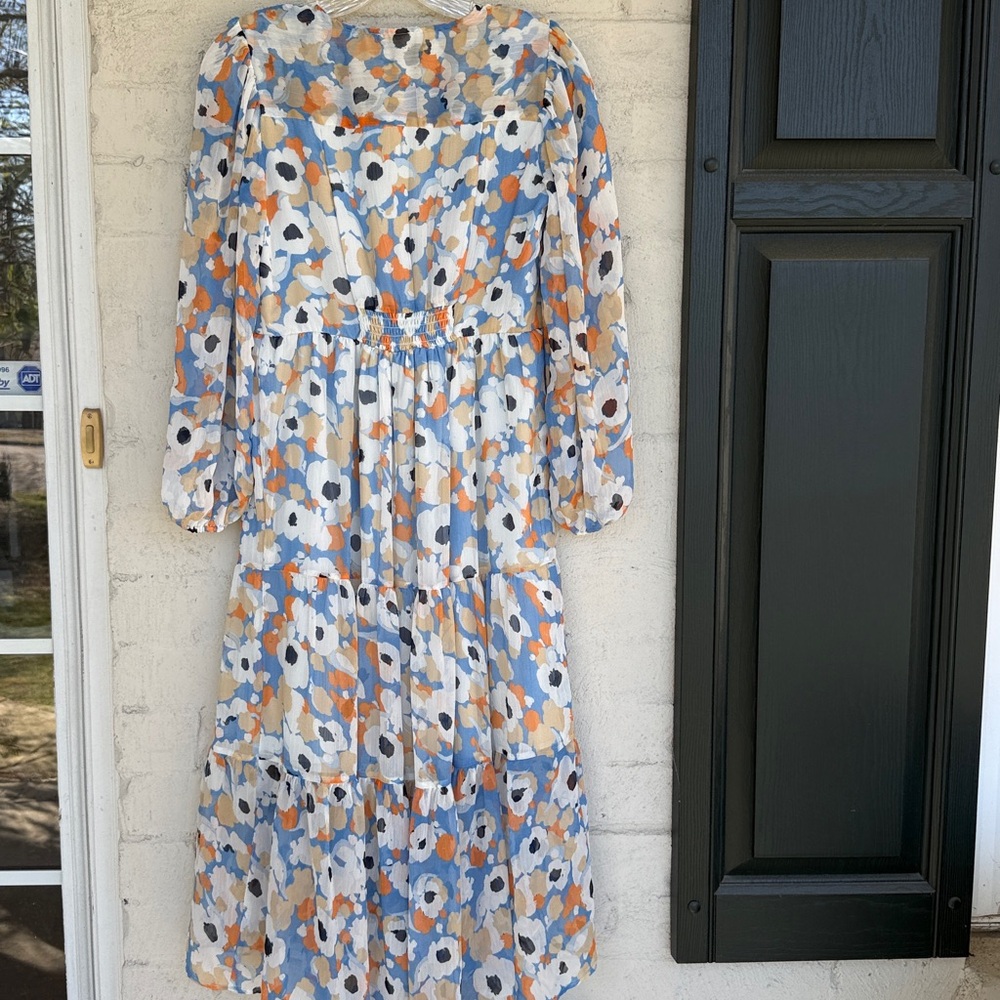 Joie Blue/Coral Floral Tiered Flowy Boho Prairie Dress W High-Low Hem Size XS - Picture 10 of 15